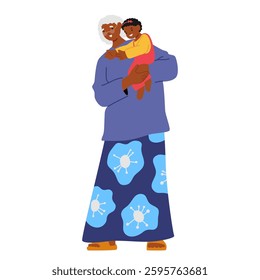 Elderly grey-haired grandmother carrying little toddler grandson on hands isolated on white background. Aged woman holding happy infant kid in arms vector illustration. Happy family characters