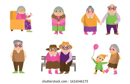 Elderly grey-haired women and men doing everyday things vector illustration