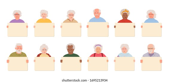 Elderly group old people holding blank banner cartoon set. Older men, women retirement age protesters activists, parade. Different nations representatives elderly people poster. Vector illustration