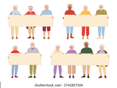 Elderly group old people holding blank banner cartoon set. Grandparents taking part in parade. Different nations representatives people, retirement age, protesters activists. Vector  Silver generation