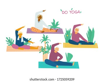 Elderly Group Yoga Class Flat Vector Illustration. Different Races Old People Stretching On Yoga Mats Surrounded With Plants. Active And Healthy Retirement.