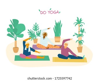 Elderly Group Yoga Class Flat Vector Illustration. Different Races Old Women Stretching On Yoga Mats Surrounded With Plants. Active And Healthy Retirement.