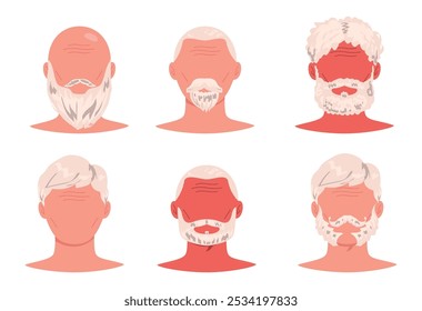 Elderly haircut. Old man diversity hairstyles, senior head face avatar with beard moustache hair shape elder pensioner barber hairstyling cartoon set vector illustration original artwork