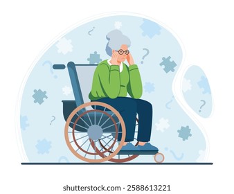 Elderly handicapped woman with amnesia trying to remember something. Senior woman thoughts confused and forgotten due to senile dementia. Problems with brain and memory concept. Vector illustration.