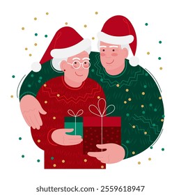 An elderly happy couple exchanges New Year's gifts. The concept of happy longevity is drawn in a flat style with textures. stock vector illustration. EPS 10.