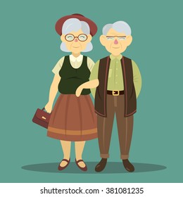 Elderly happy couple going for a walk . Cartoon vector illustration
