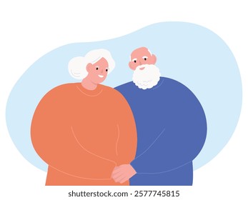 Elderly happy couple. Gray-haired old husband and wife smile together and hug each other. Vector flat graphics.