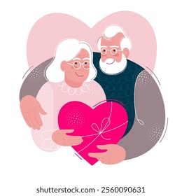 an elderly happy couple with a heart symbol of love. the concept of happy longevity, marital fidelity, Valentine's Day. flat drawing with textures. stock vector illustration. EPS 10.