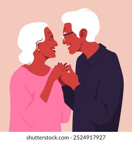 Um casal feliz idoso de mãos dadas e olhando um para o outro. Ilustração em plano vetorial