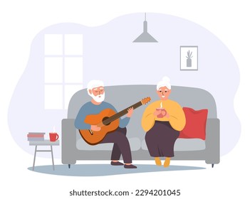 Una pareja de ancianos y felices se sienta juntos en el sofá de la habitación. El abuelo toca guitarra y canta. Gráficos vectoriales.