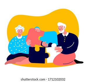 Elderly Happy Couple Woman,Grandmother Collect Puzzle Board Game.Intersted Man Husband.Family Have Fun Together.Loving People Stay Home.Spouses Anniversary Old Aged Pensioner. Flat Vector Illustration