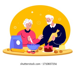 Elderly Happy Couple Woman,Grandmother Cooking Bakery Kitchen,Man Husband.Family Having Fun Together.Loving People Stay Home.Spouses Anniversary Old Aged Pensioner Cook Dinner.Flat Vector Illustration