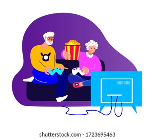 Elderly Happy Couple,Grandparents,Husband Playing Playstation Game on TV.Family Have Fun Together,Popcorn. People Stay Home, Quarantine.Spouses Anniversary Old Aged Pensioner. Flat Vector Illustration