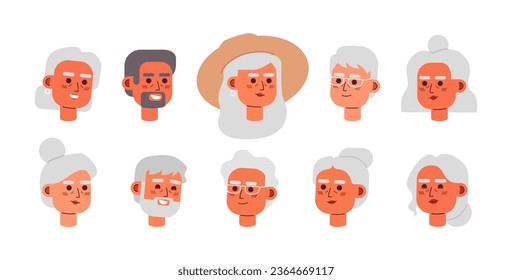 Elderly happy diverse 2D vector avatars illustration bundle. Older women, men cartoon character faces. Senior people icons collection. Retiree adult flat color users profiles images isolated on white