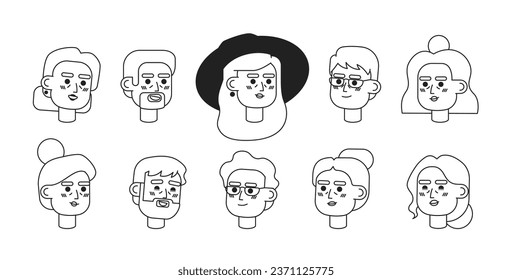 Elderly happy diverse black and white 2D vector avatars illustration bundle. Senior women, men outline cartoon character people icons isolated. Retiree adult flat line users faces image collection