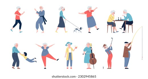 Personajes llanos felices y mayores. Abuela y abuelo modernos aislados. Los abuelos activos haciendo ejercicios y descanso, conjunto de vector reciente