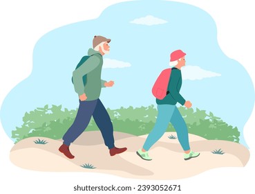 Elderly happy grandpa and grandma. Happy senior couple walking. Old people traveling together flat vector illustration. Hiking, healthy lifestyle, active ageing concept for banner, website design