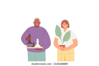 Elderly happy people are hobbies and leisure. Plants, chess