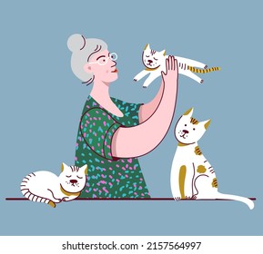 Elderly Happy Woman Taking Care Of Cats At Home. Elderly Person Live Alone With Pet. Vector Illustration