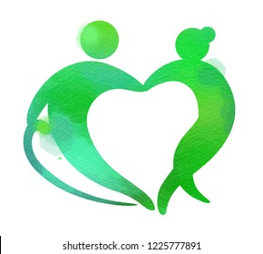 Elderly healhtcare heart shaped logo. Nursing home sign silhouette on watercolor background. Digital art painting.