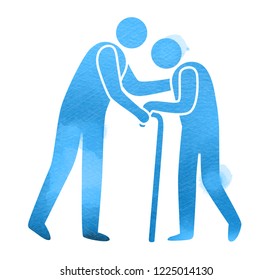 Elderly healhtcare logo. Nursing home sign silhouette on watercolor background. Digital art painting.