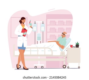 Elderly Health Care Medical Concept. Old Man in Hospital Room Apply Dropper, Senior Male Patient Character Resting in Bed, Doctor with Syringe Visiting Older Person. Cartoon People Vector Illustration