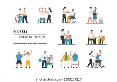 Elderly Health Care, Old People Care, Nursing Home Care Activities For Senior, Faceless Flat Cartoon Character Design Set