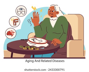 Elderly Health Concerns. An older adult contemplates the complexities of aging and related health conditions. A narrative of aging. Flat vector illustration.