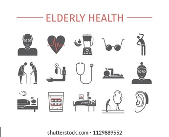 Elderly health flat icons set. Vector infographics.