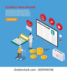 Elderly health insurance 3d isometric vector illustration concept for banner, website, landing page, ads, flyer template