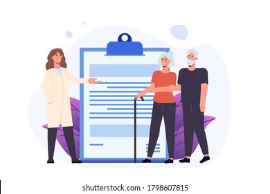 Elderly health insurance concept. Vector illustration in flat style.