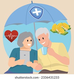 Elderly health insurance. Happy senior couple select insurance protect health and life form Tablet