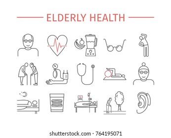 Elderly health line icons set. Retirement cartoon vector design. Vector infographics.