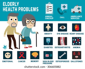 elderly health problems,
infographics elements,icons,
vector flat cartoon  graphic design.
health care concept.
illness  illustration.