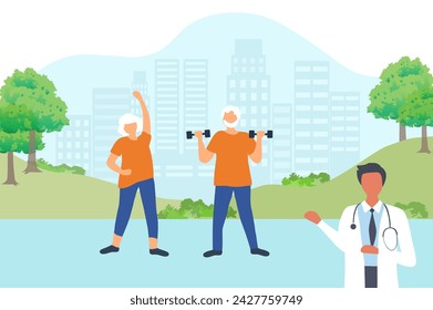 Elderly healthcare concept, doctor suggest senior people to exercise  for healthy life vector illustration