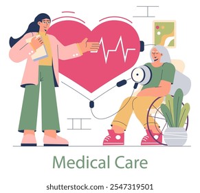 Elderly healthcare concept. A nurse assists a senior woman in a wheelchair against a symbolic heart backdrop. Professional medical support and patient care. Vector illustration.