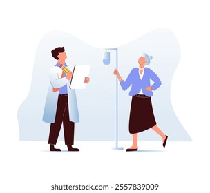 Elderly healthcare illustration set. Seniors in nursing home hospital meeting with doctor, having consultation and care from nurse. Geriatric medicine concept. Vector illustration.