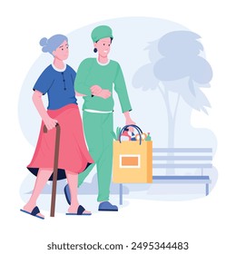 Elderly help in doing groceries, flat character illustration 
