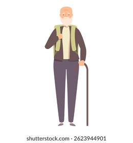 Elderly hiker wearing a backpack and holding a walking stick, enjoying his retirement years