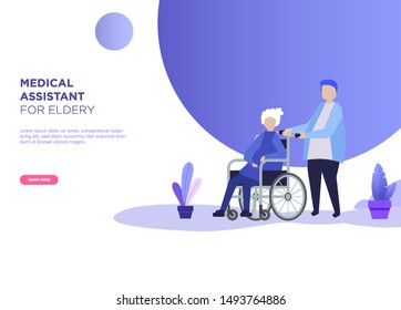 Elderly with his caregiver on wheel chair blue background. - Vector