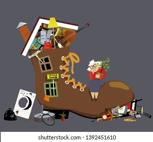 Elderly Hoarder Woman Living In A Shoe Bursting With Stuff, EPS 8 Vector Illustration