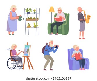 Elderly hobby. Old people at home, knitting reading books working on computer exact vector concept pictures of pensioner hobbies