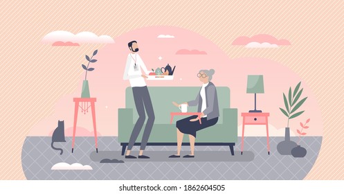 Elderly home care with hired professional social worker for senior support tiny person concept. Pensioner house with help and assistance service employee vector illustration. Retirement place scene.