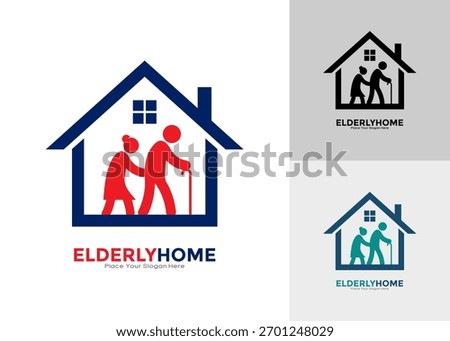 Elderly home care vector logo. Couple icon inside a house frame, symbolizing assisted living, nursing homes, and property management services for senior citizens
