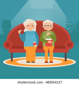 Elderly at home watching a movie. Home cinema. Grandma and grandpa. Vector illustration. Cartoon character. Isolated.