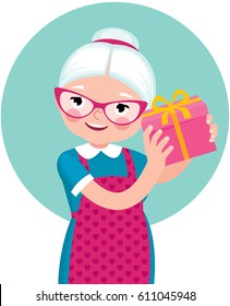 Elderly housewife woman shakes a box with a gift vector cartoon illustration