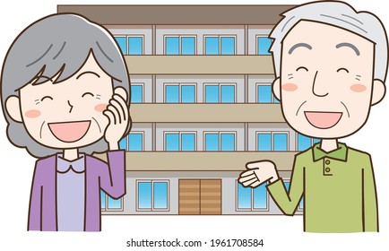 Elderly housing with men and women talking with a smile