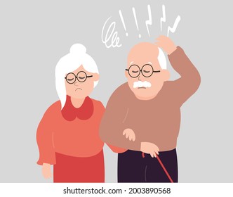 Elderly husband with dementia or anxiety. Old couple with amnesia needs help. Concept of marriage and support. Stressed grandpa and grandma struggle against mental disorder, Alzheimer, memory loss. 