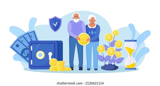 Elderly husband and wife are standing near bank safe, money tree, holding gold coin. Pensioners couple keeping cash in bank deposit account. Pension savings investment in retirement mutual fund