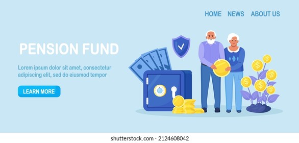 Elderly husband and wife are standing near bank safe, money tree, holding gold coin. Pensioners couple keeping cash in bank deposit account. Pension savings investment in retirement mutual fund